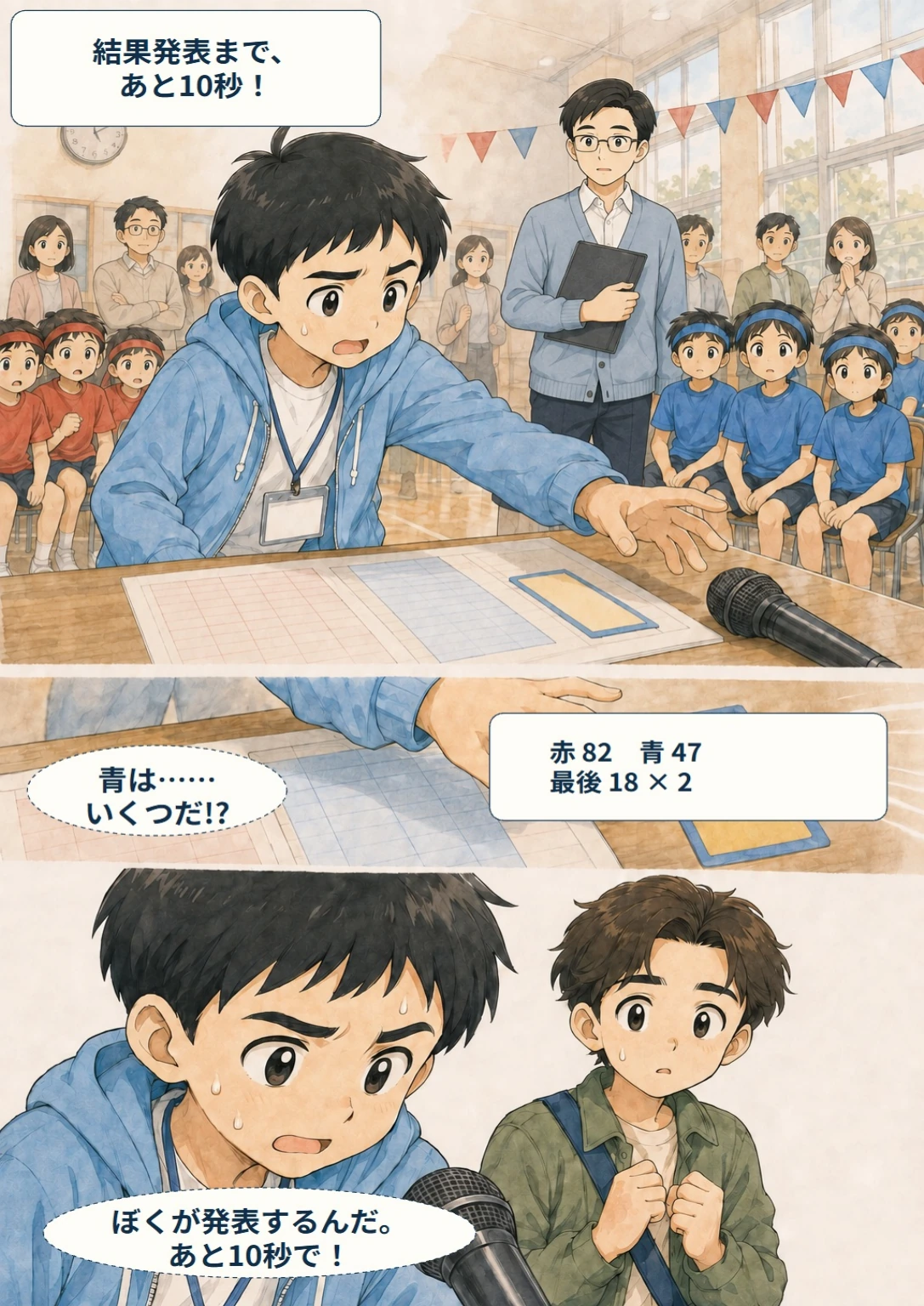 あと10秒！ぼくらのスコア大作戦 第1ページ。あと10秒!?。台詞は直後の読みやすい表示で確認できます。