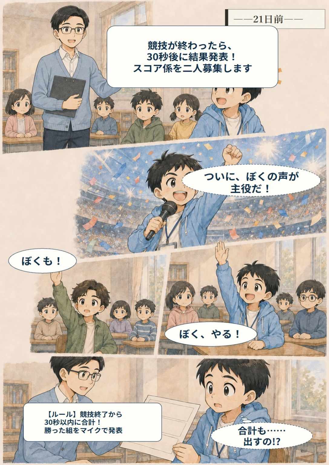 あと10秒！ぼくらのスコア大作戦 第2ページ。21日前、ぼくは手を挙げた。台詞は直後の読みやすい表示で確認できます。