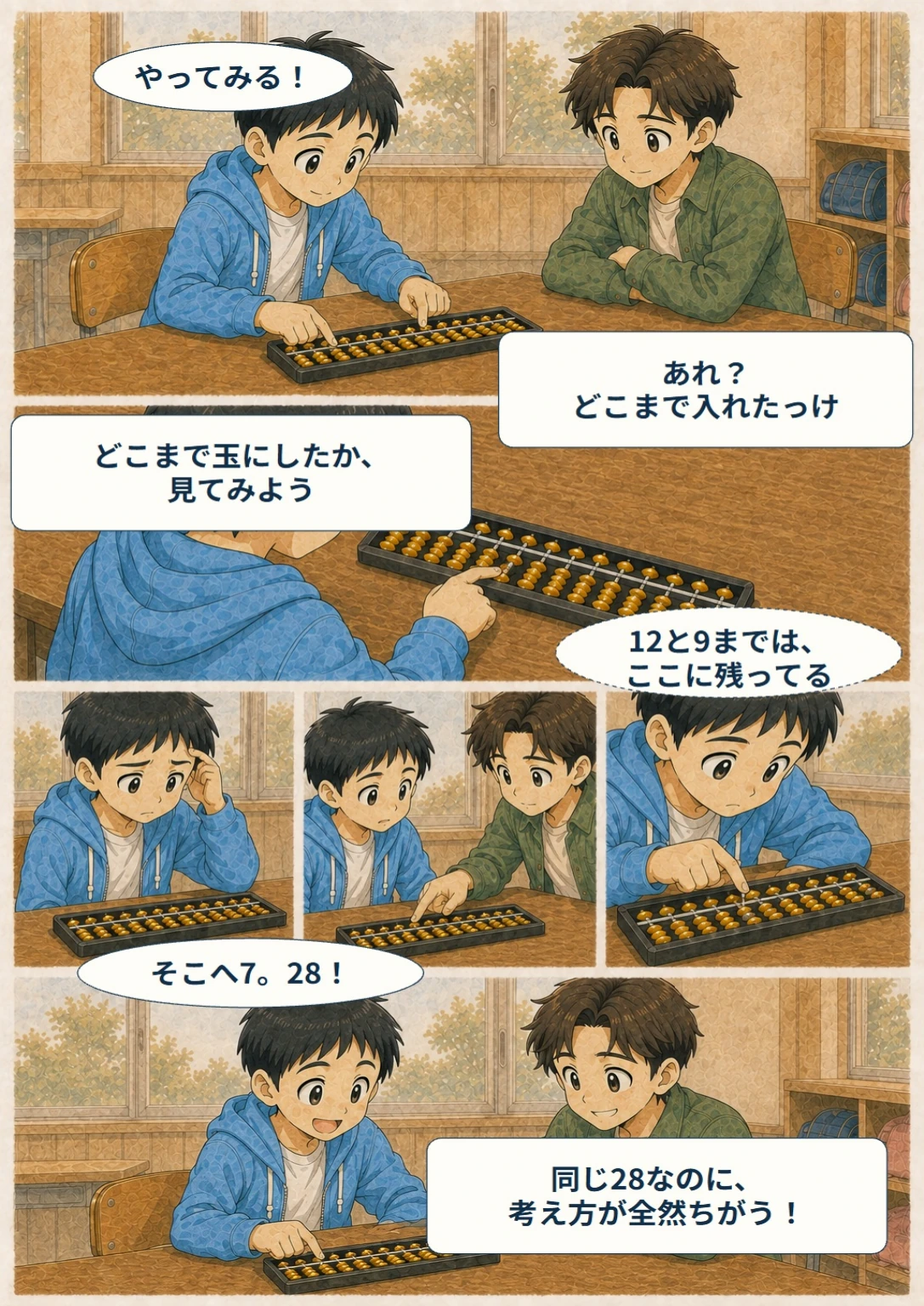あと10秒！ぼくらのスコア大作戦 第8ページ。同じ28なのに。台詞は直後の読みやすい表示で確認できます。