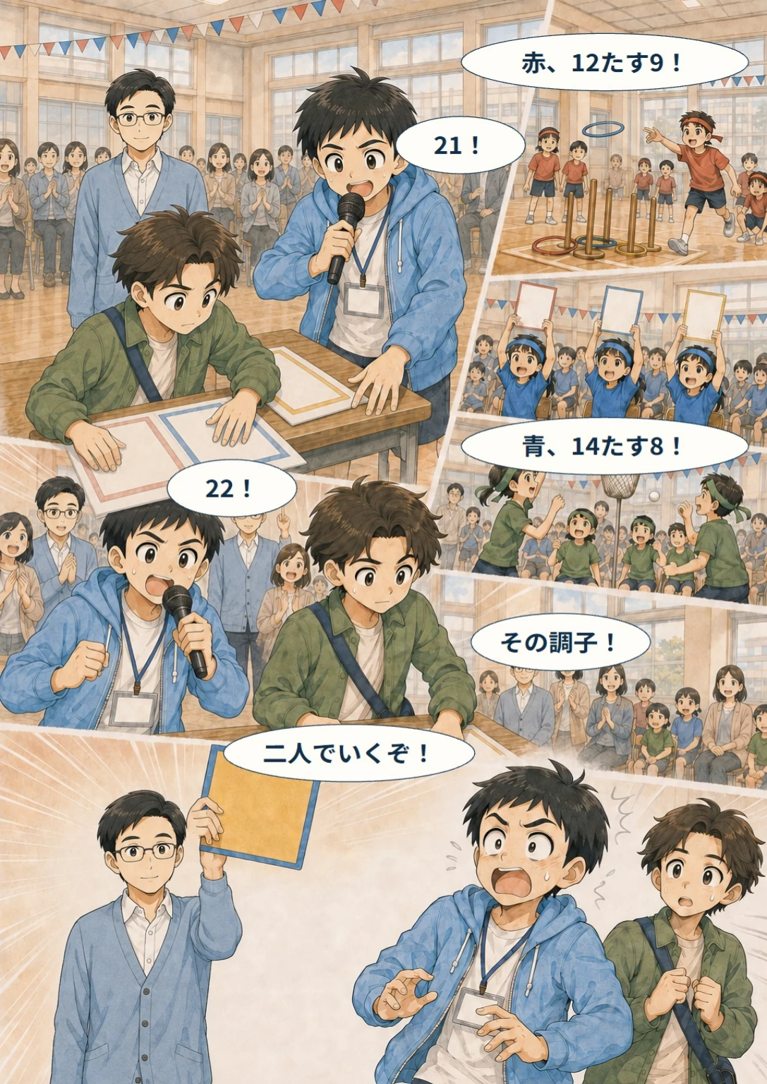 あと10秒！ぼくらのスコア大作戦 第14ページ。本番、二人でいくぞ。台詞は直後の読みやすい表示で確認できます。