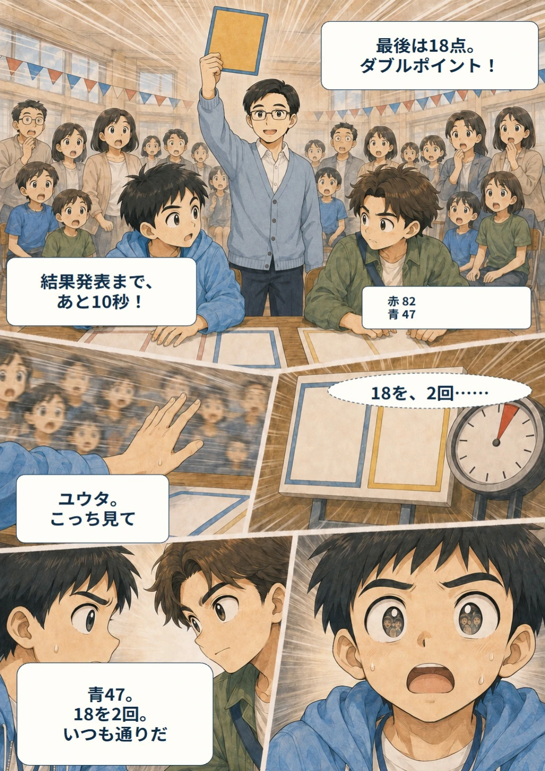 あと10秒！ぼくらのスコア大作戦 第15ページ。最後のダブルポイント。台詞は直後の読みやすい表示で確認できます。