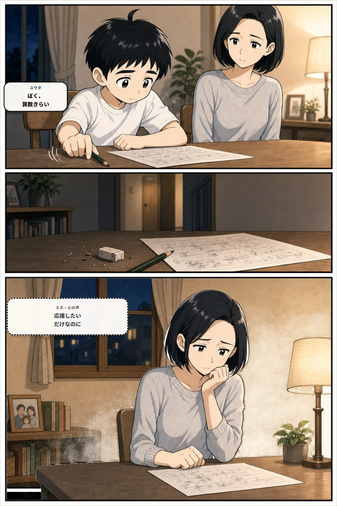 算数が嫌いだと話すユウタと、応援したいのに言葉が届かないと悩むミカ