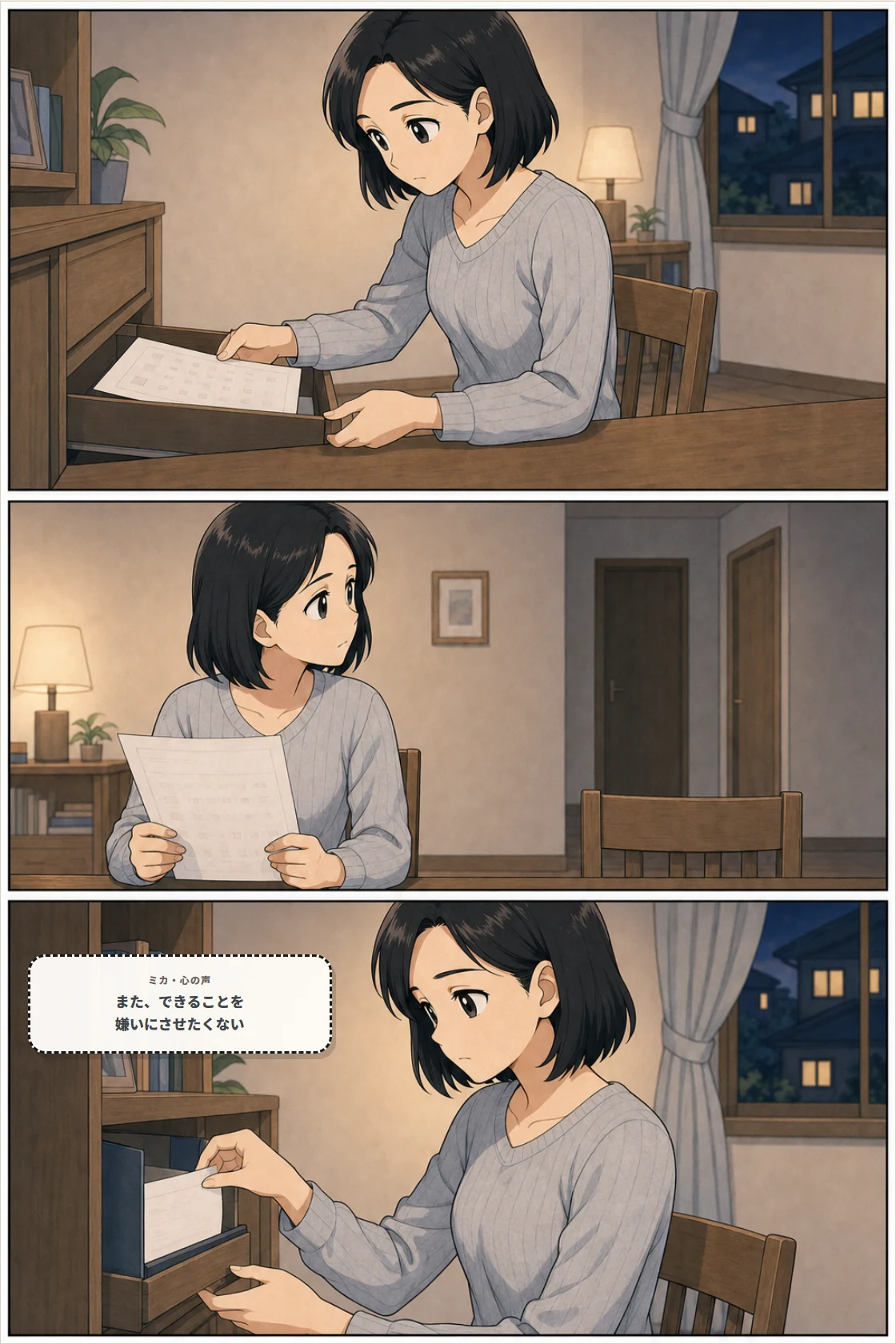 追加のプリントを手に取るが、できることを嫌いにさせたくないと考えるミカ