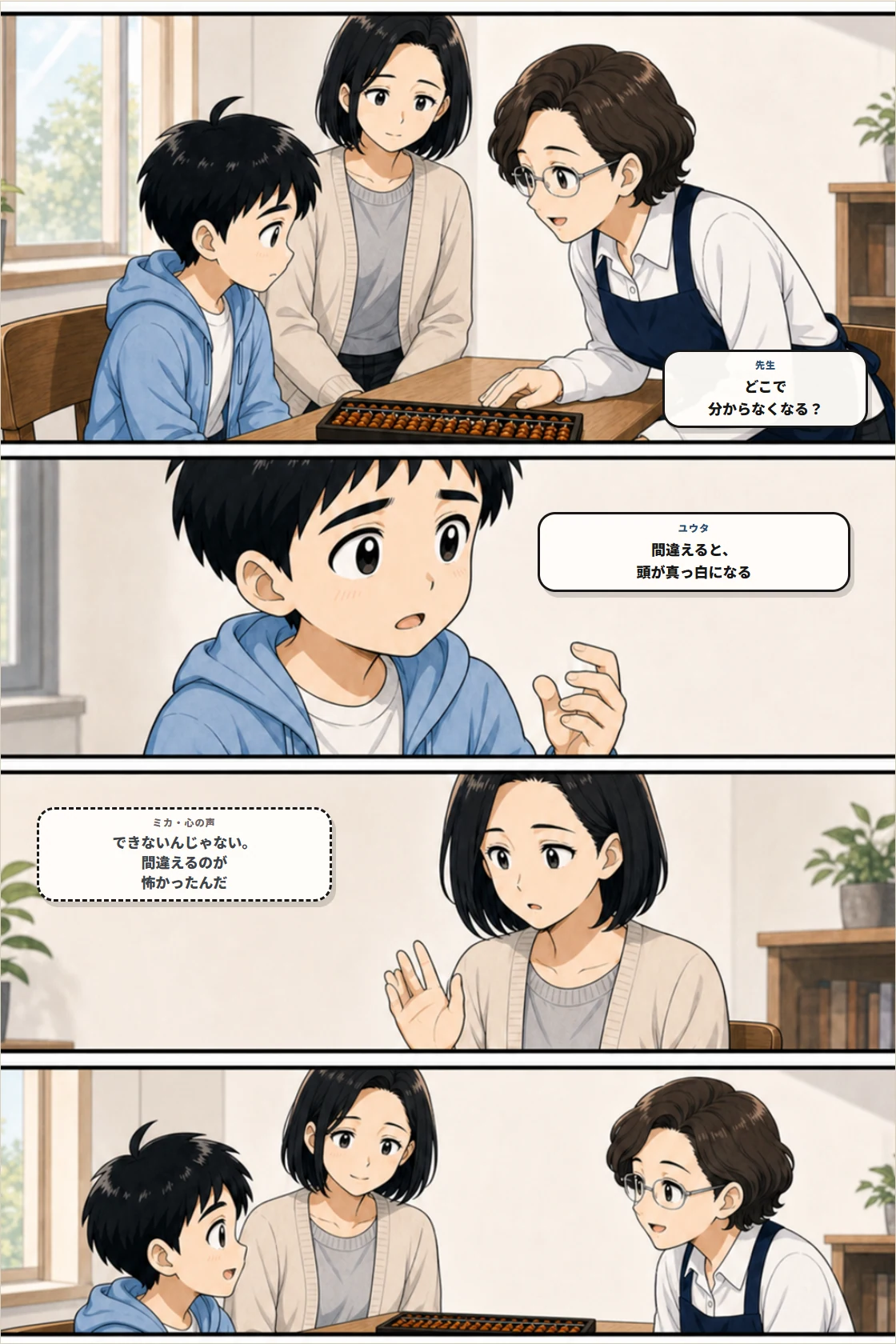 先生にどこで分からなくなるか尋ねられ、間違えるのが怖かったと話すユウタ