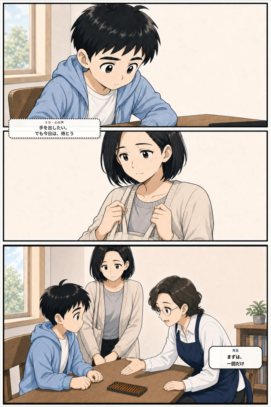 手を出さずに見守るミカと、一回だけ試そうと促す先生