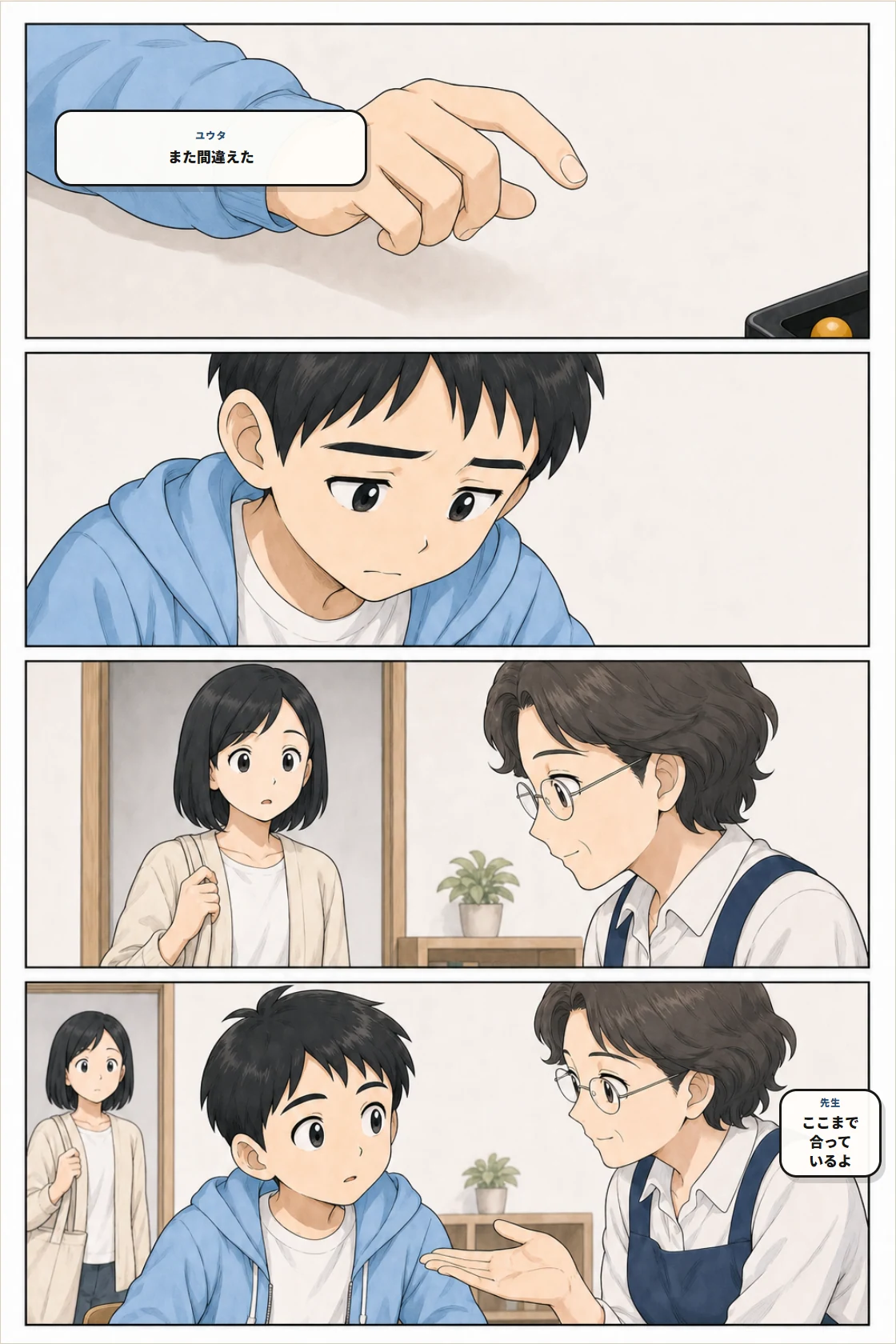 また間違えたと手を止めるユウタに、ここまでは合っていると伝える先生