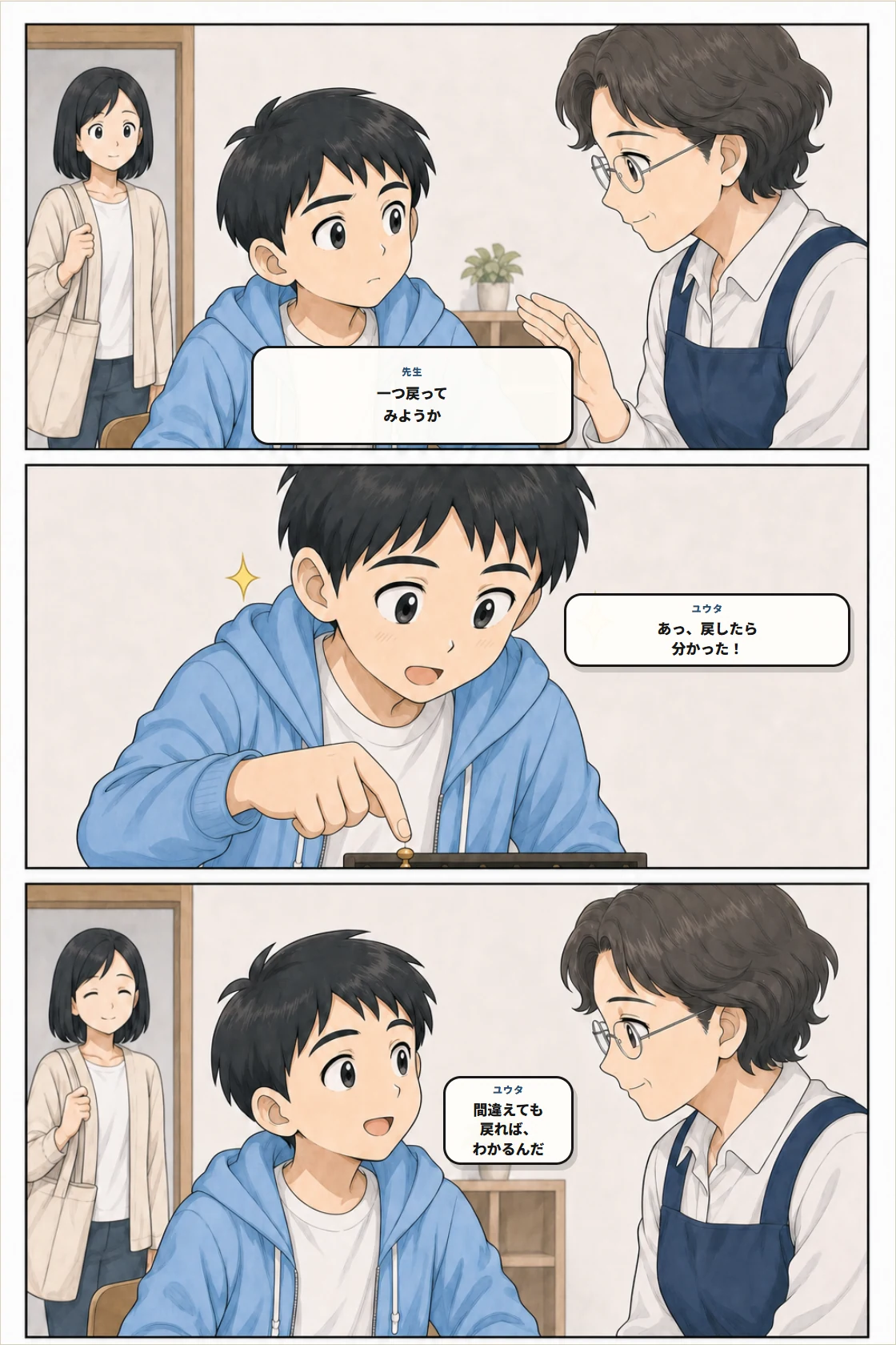 一つ戻ったことで答えが分かり、間違えても戻ればよいと気づくユウタ