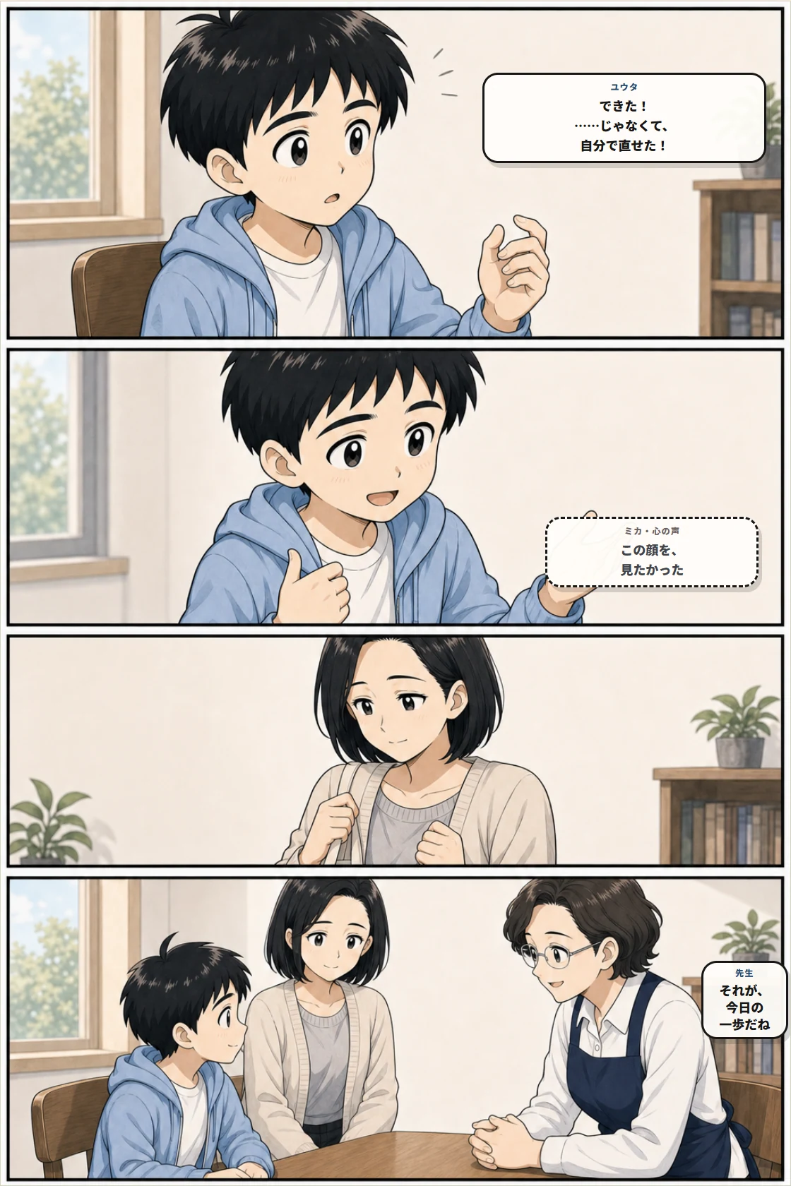 自分で間違いを直せたことを喜ぶユウタと、笑顔を見守るミカと先生