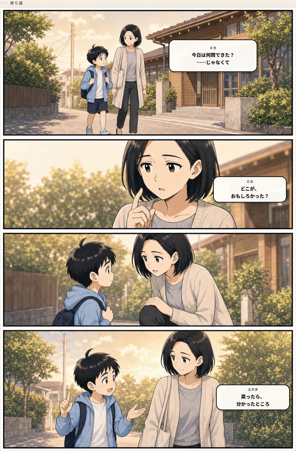 帰り道、できた問題数ではなく面白かったことをミカがユウタへ尋ねる
